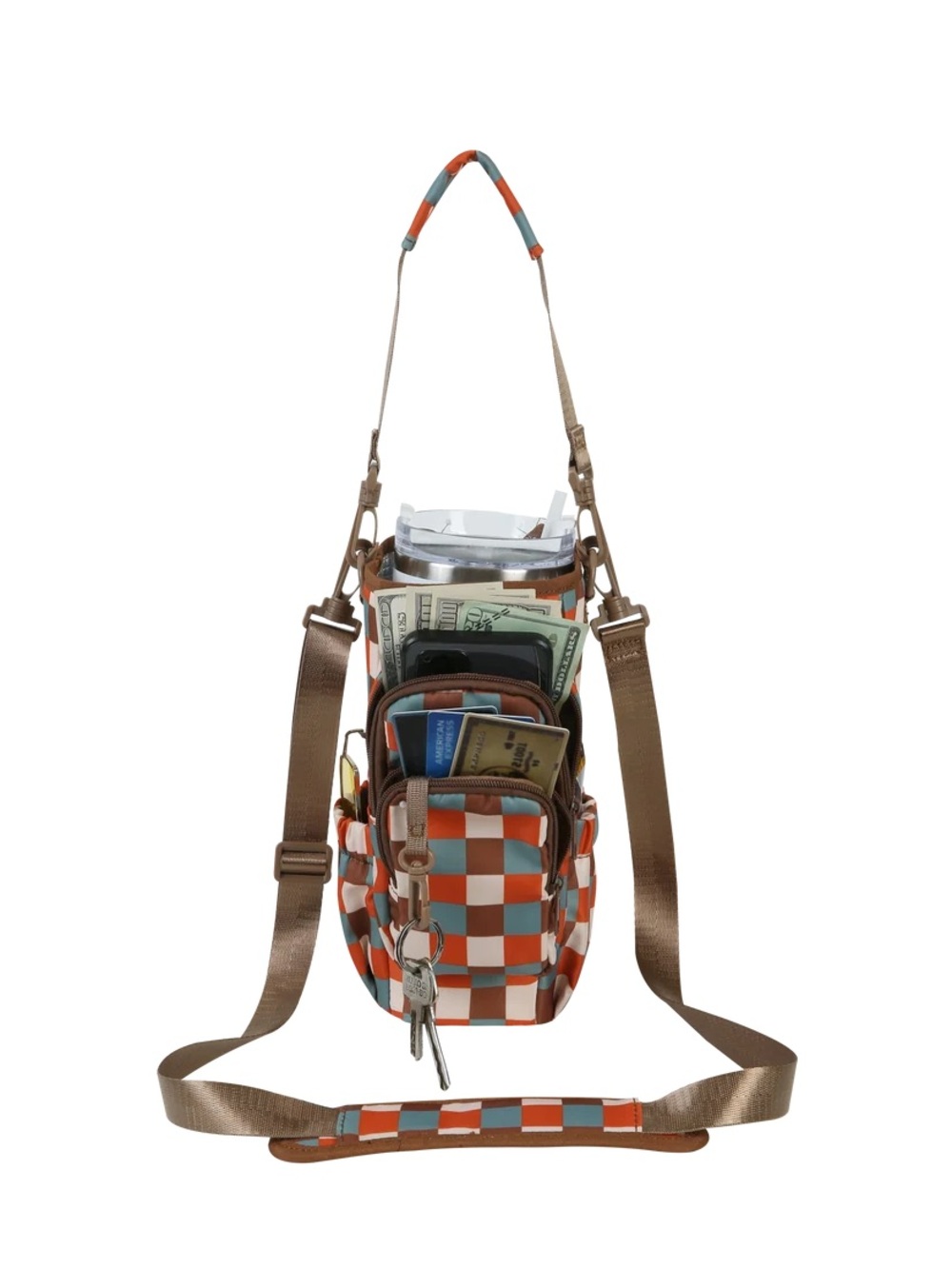 NWT Emmafy Sippy The Hands Free Bottle Sling Crossbody in Checkered Khaki $40